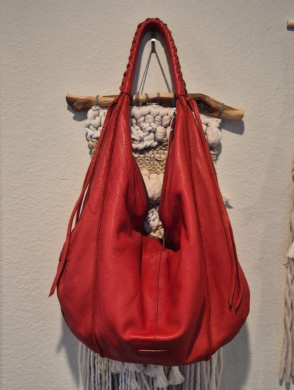 Christopher Kon Coral Red Genuine Leather Braided Handle Hobo Shoulder Bag